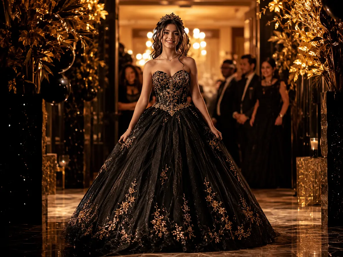 Coming-of-age honoree in a black-and-gold gown