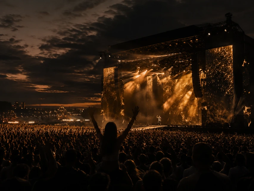 Large outdoor music festival with illuminated stage and crowd at night