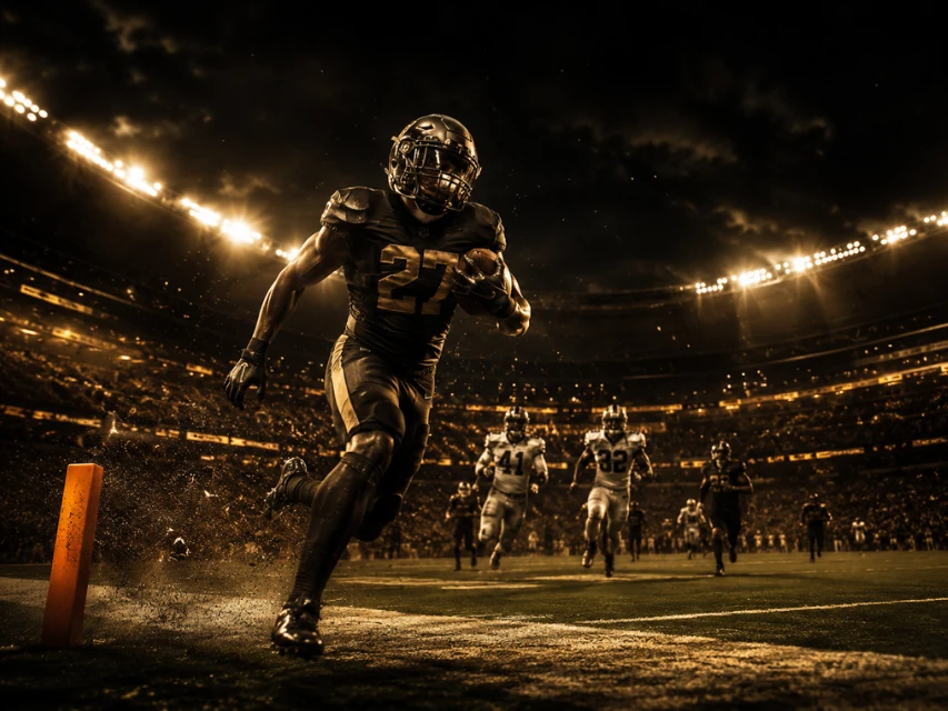 Football player scoring under stadium lights during a premium live event