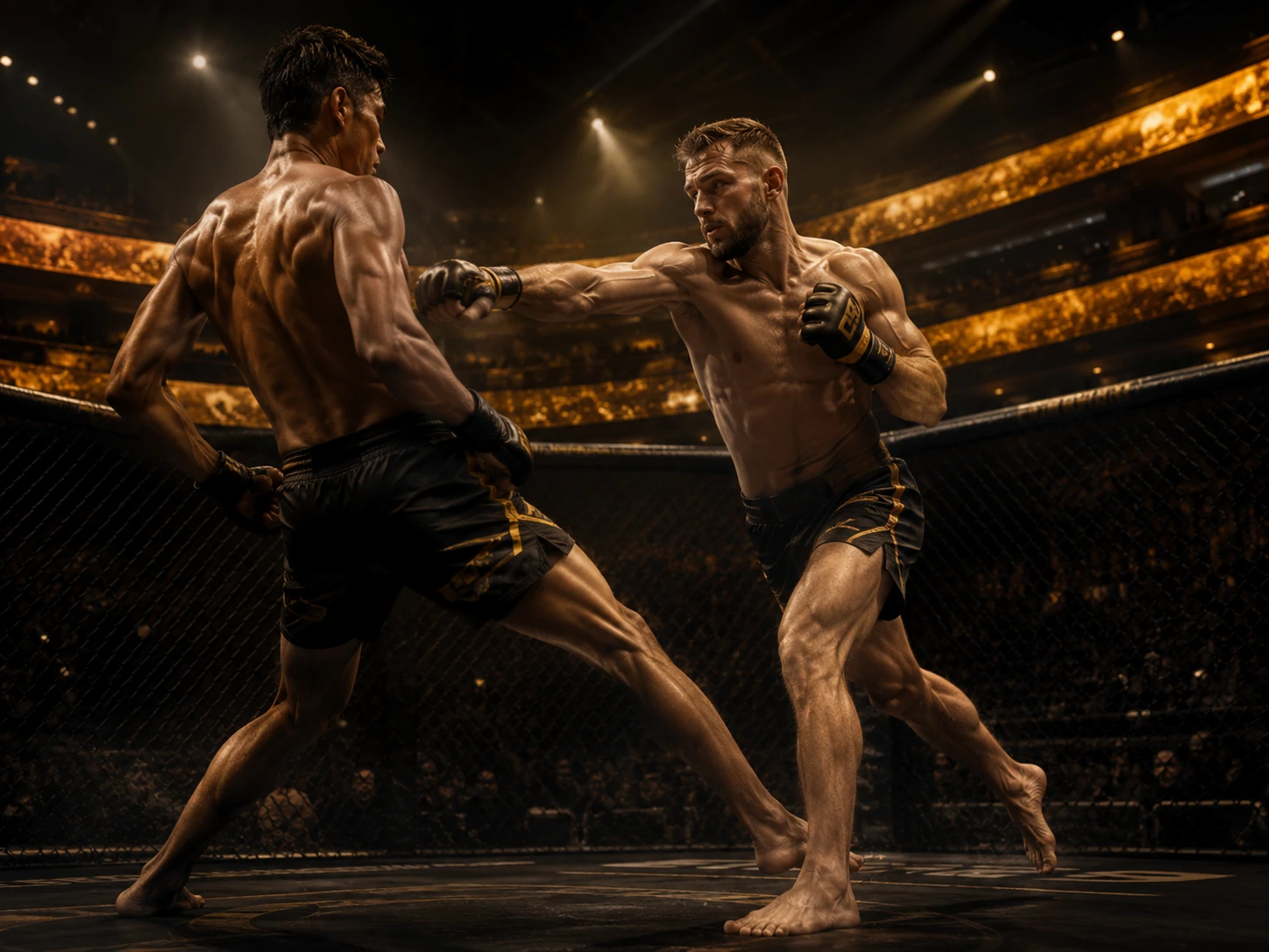 Professional mixed martial arts competitors inside an arena cage
