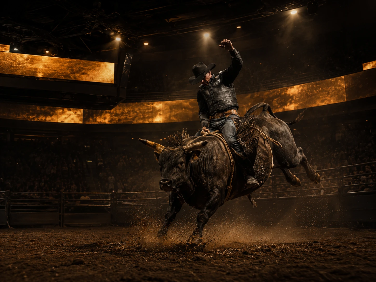 Professional bull rider competing in a premium rodeo arena